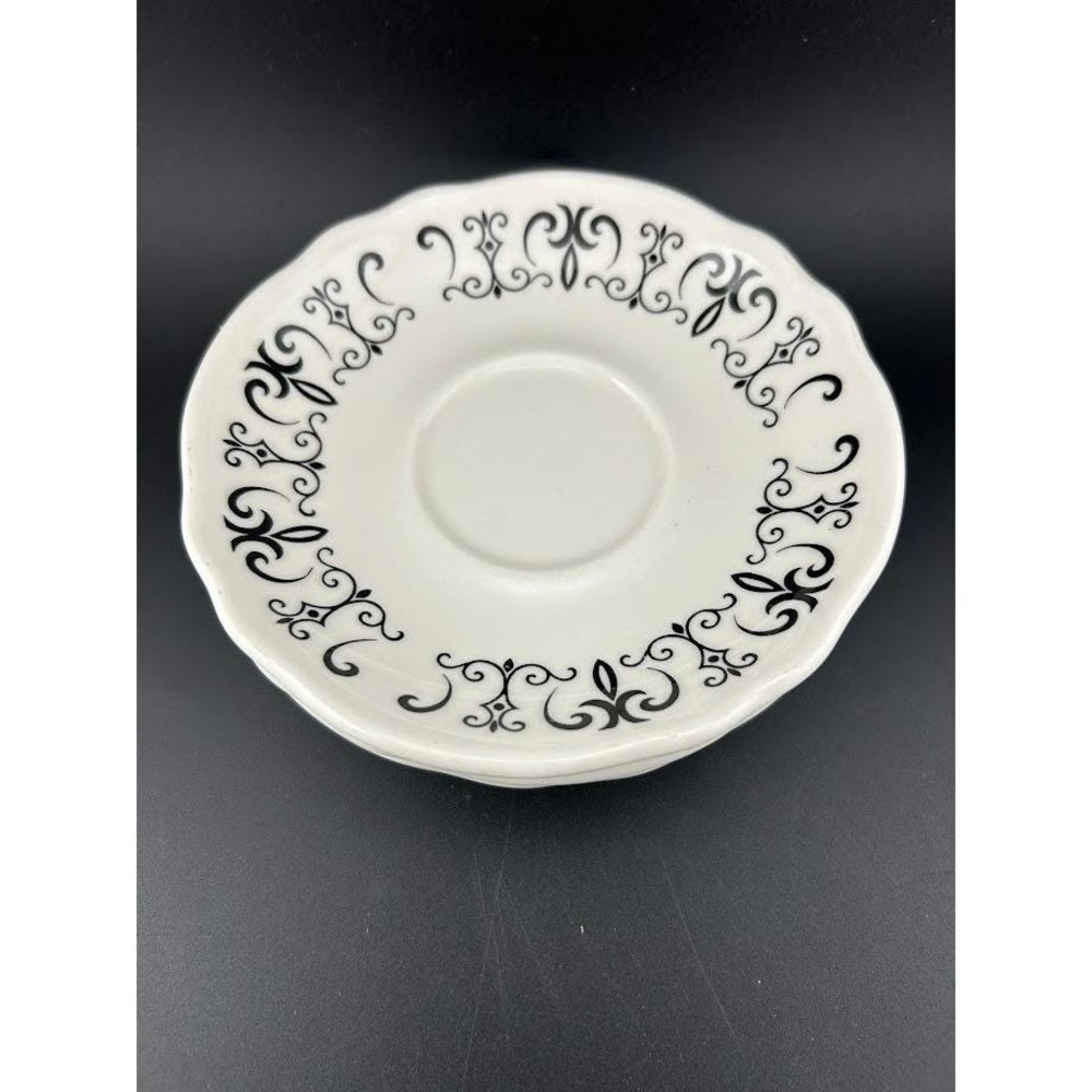 Set of 2 Homer Laughlin Saucers Black "Gothic Scroll" Scalloped Edge Vintage